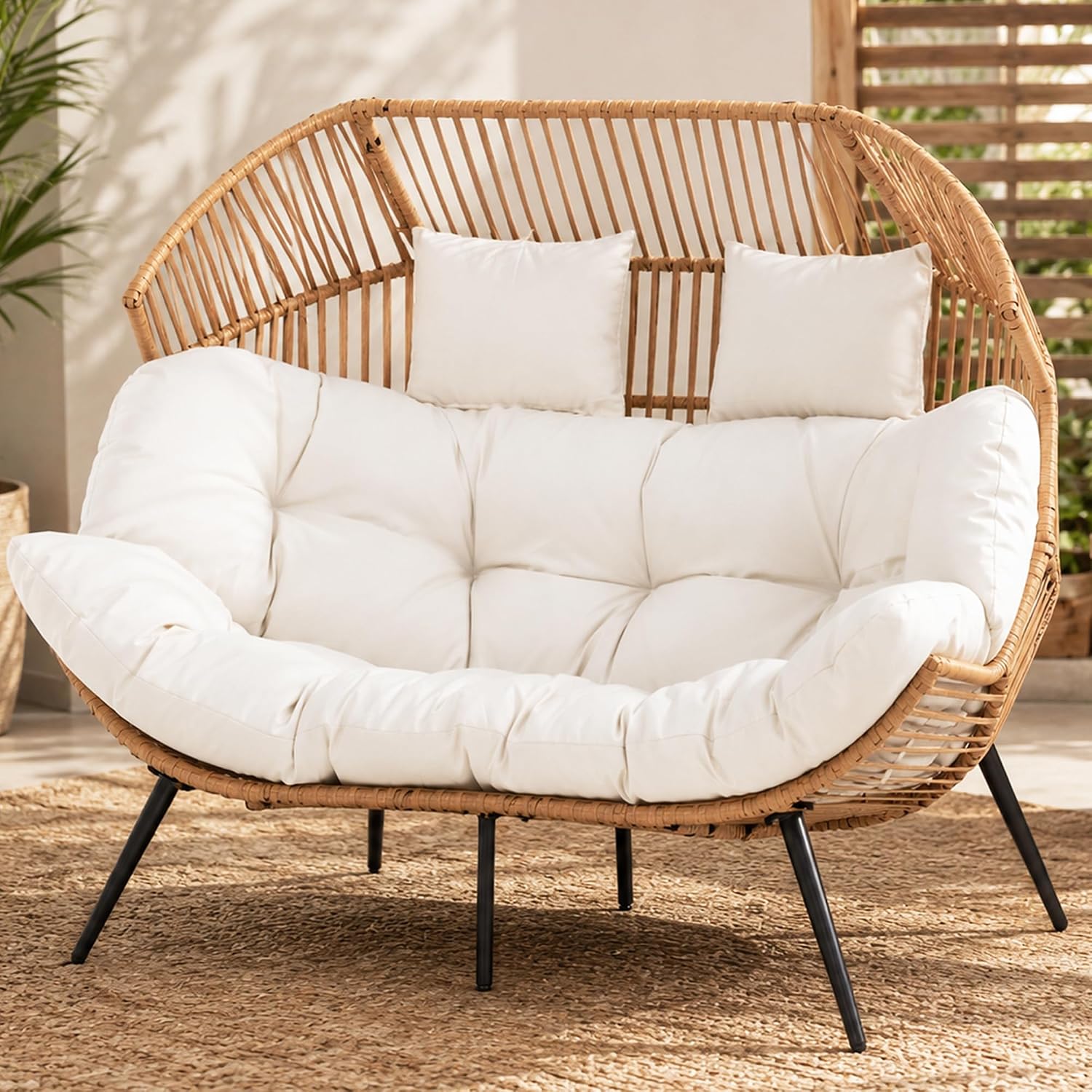 Shintenchi Double Egg Chair Outdoor Rattan Patio Chair with Cushion, Oversized 2 Person Patio Lounge Chairs with Cushion Egg Basket Chair, Egg Seat Indoor Living Room Bedroom Patio Backyard Balcony