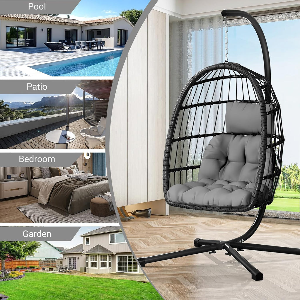 CHABATREE Egg Chair with Stand,Patio Rattan Wicker Hanging Swing Egg Chair Hammock Chair for Bedroom Porch Garden,Thickened Aluminum Alloy Steel Frame and UV Resistant Cushion,350LBS Capacity