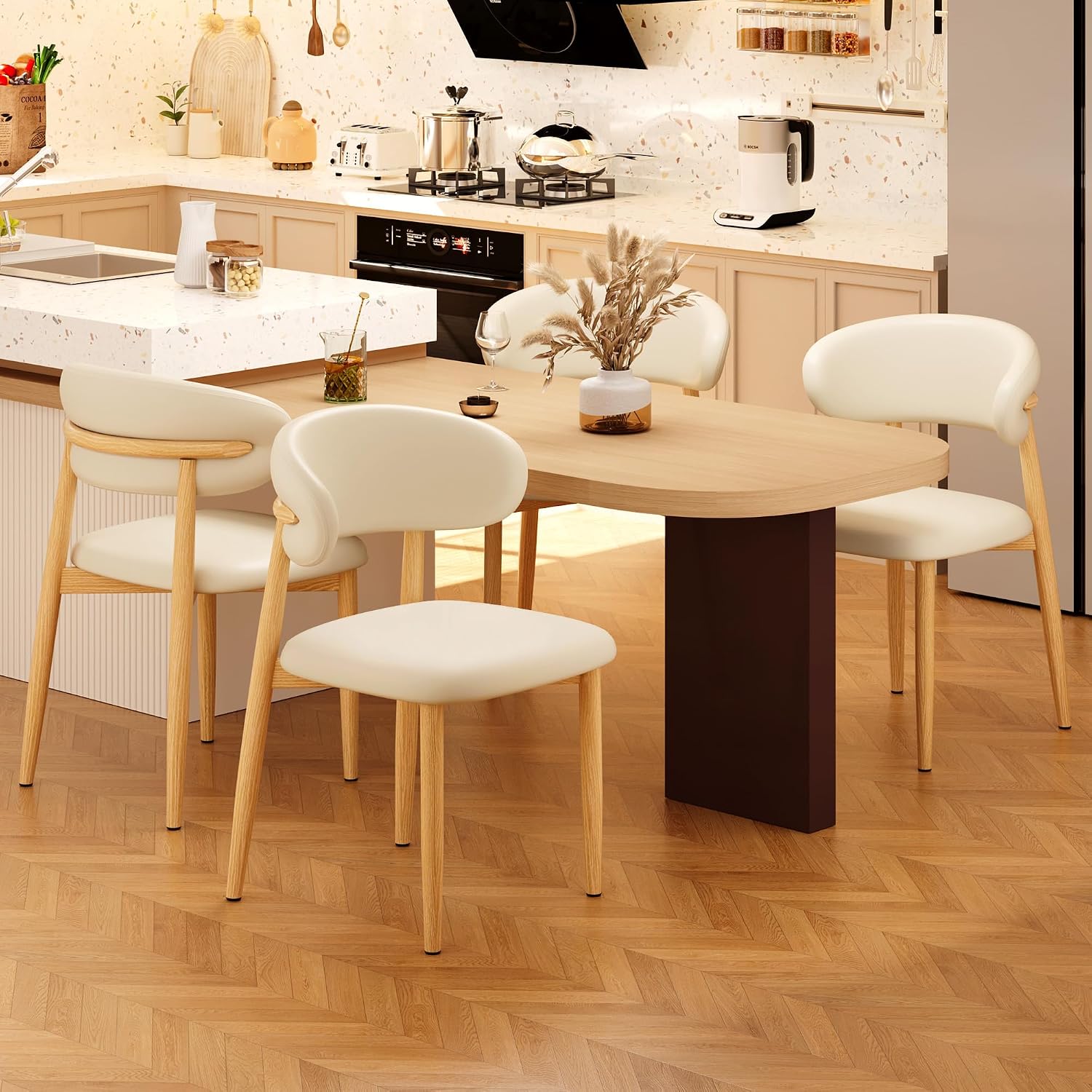 Kitchen Dining Chairs Set of 6 Modern Leather Farmhouse Dining Room Chairs, Beige