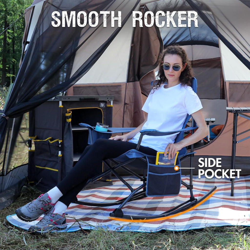 Portal Folding Camping Rocking Chair Portable Outdoor Rocker High Back Cup Holder Side Pocket Carry Bag Included, Support 300 lbs