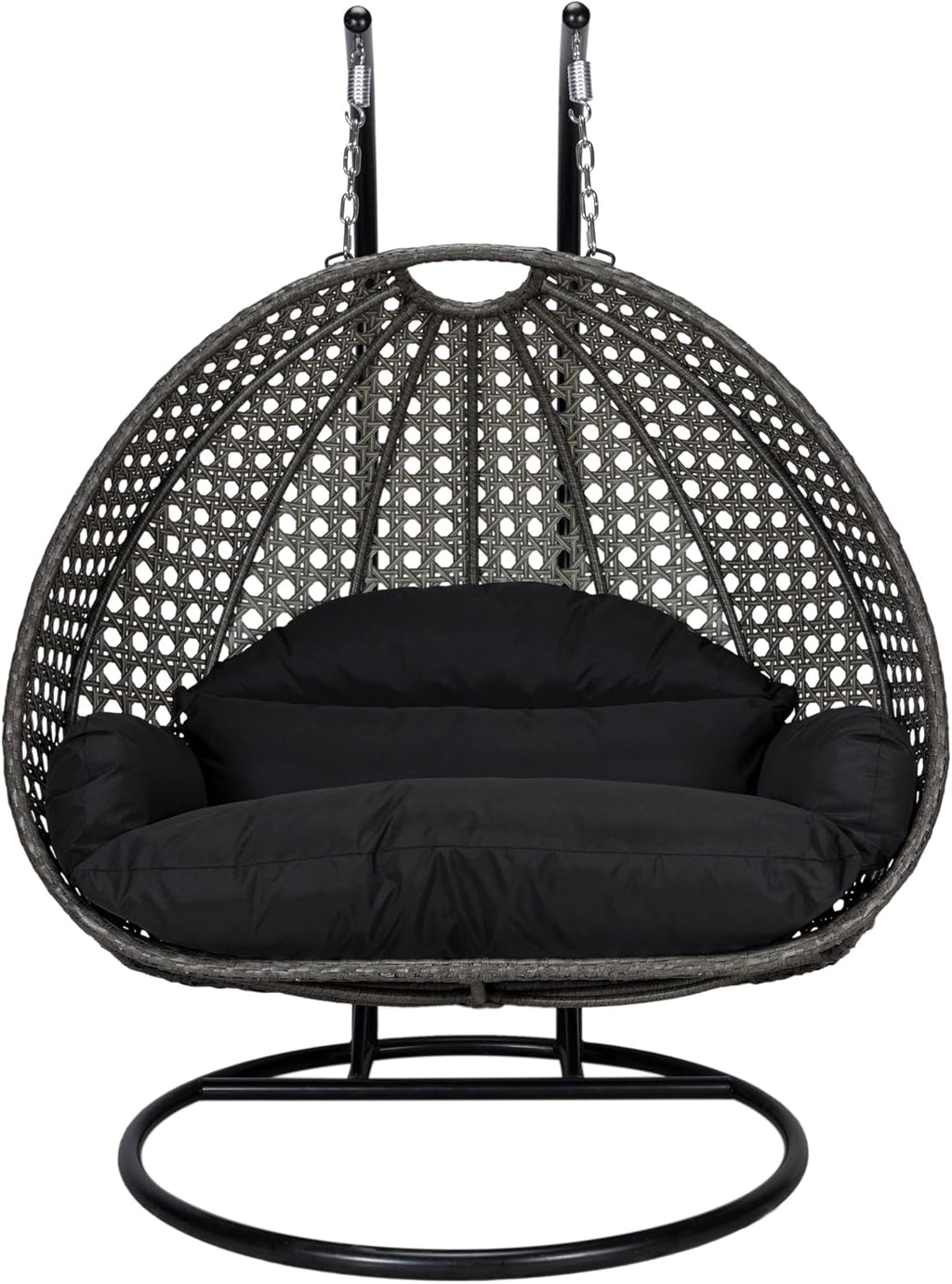 LeisureMod 2 Person Wicker Hanging Egg Chair with Stand & UV-Resistant Cushions for Indoor/Outdoor, Patio, Lounge, Hammock Seat, Black