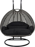 LeisureMod 2 Person Wicker Hanging Egg Chair with Stand & UV-Resistant Cushions for Indoor/Outdoor, Patio, Lounge, Hammock Seat, Black