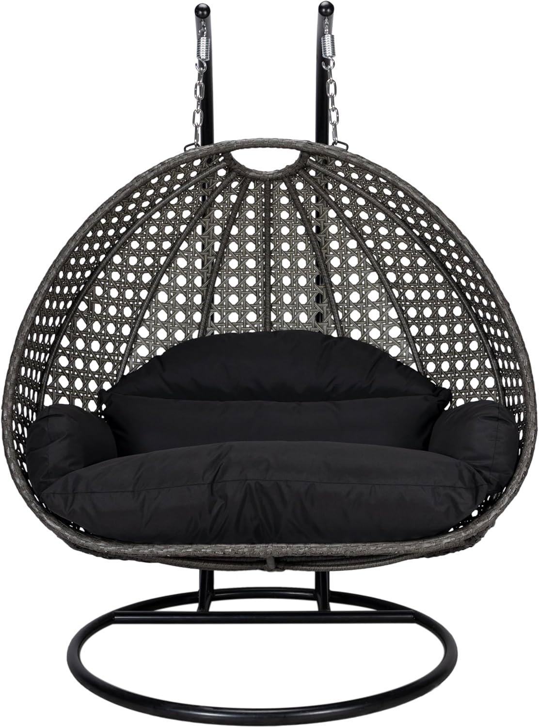 LeisureMod 2 Person Wicker Hanging Egg Chair with Stand & UV-Resistant Cushions for Indoor/Outdoor, Patio, Lounge, Hammock Seat, Black