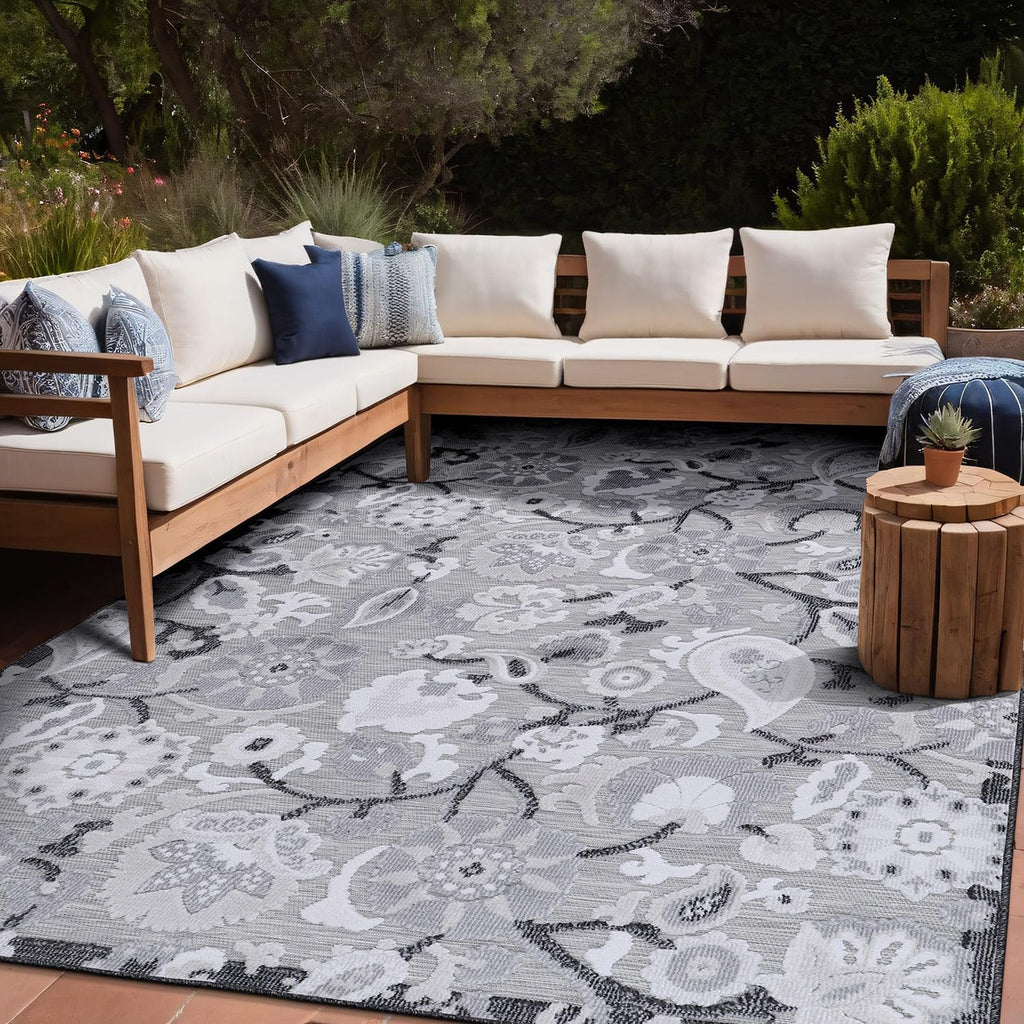 Luul Home Floral Indoor Outdoor Rugs 9x12 Large Area Rug for Living Room, Patio Decor, Kitchen, and Entryway Rug, Washable Stain Resistant Outside Carpet Gray 9 x 12