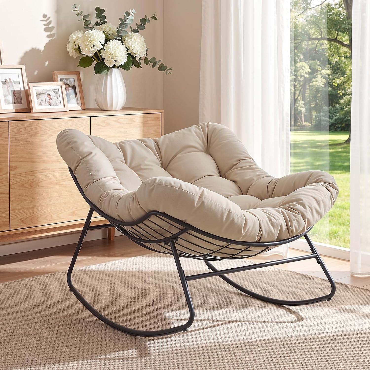 Papasan Rocking Chair Indoor, Oversized Rocking Chair with Thickened Cushion, 450 lbs Large Comfy Egg Chair Indoor,Cozy Lounge Reading Glider Chair for Bedroom, Beige