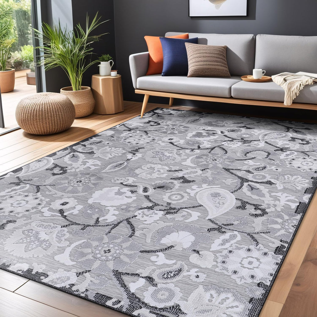 Luul Home Floral Indoor Outdoor Rugs 9x12 Large Area Rug for Living Room, Patio Decor, Kitchen, and Entryway Rug, Washable Stain Resistant Outside Carpet Gray 9 x 12