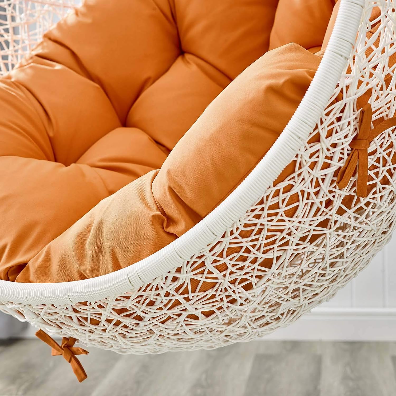 Modway Hide Wicker Rattan Outdoor Patio Porch Lounge Egg Swing Chair Set with Stand in White Orange