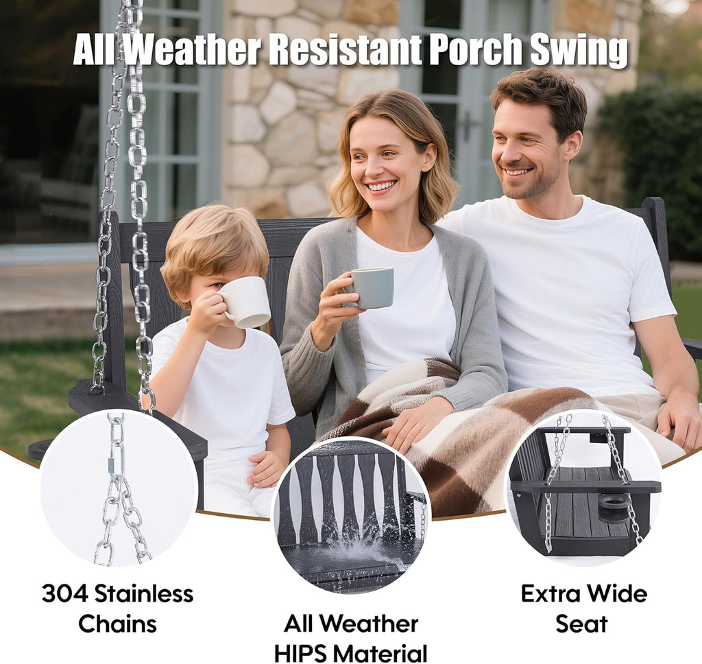 HIPS All-Weather Outdoor Hanging Porch Swing,2 Seat Hanging Swing Bench with Cup Holders,Patio Swing Chair with Hanging Chains for Courtyard & Garden