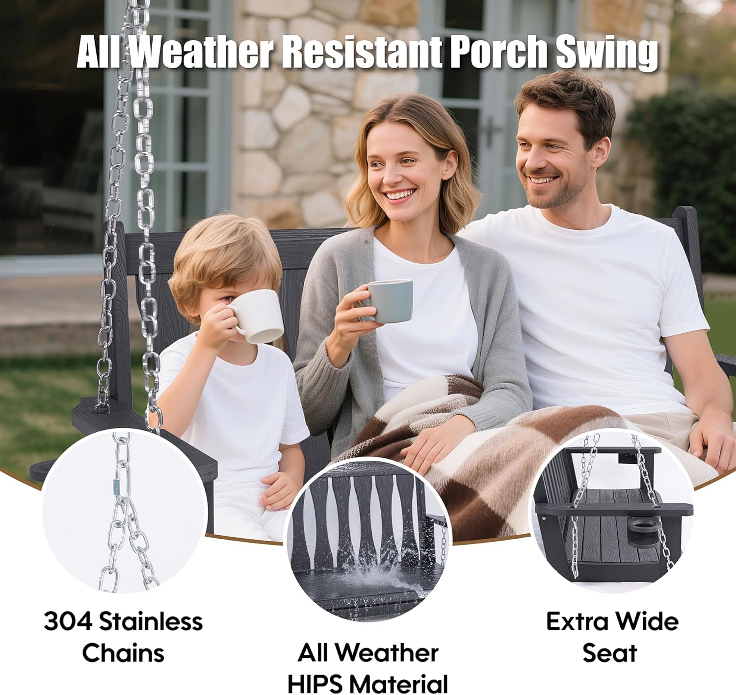 HIPS All-Weather Outdoor Hanging Porch Swing,2 Seat Hanging Swing Bench with Cup Holders,Patio Swing Chair with Hanging Chains for Courtyard & Garden