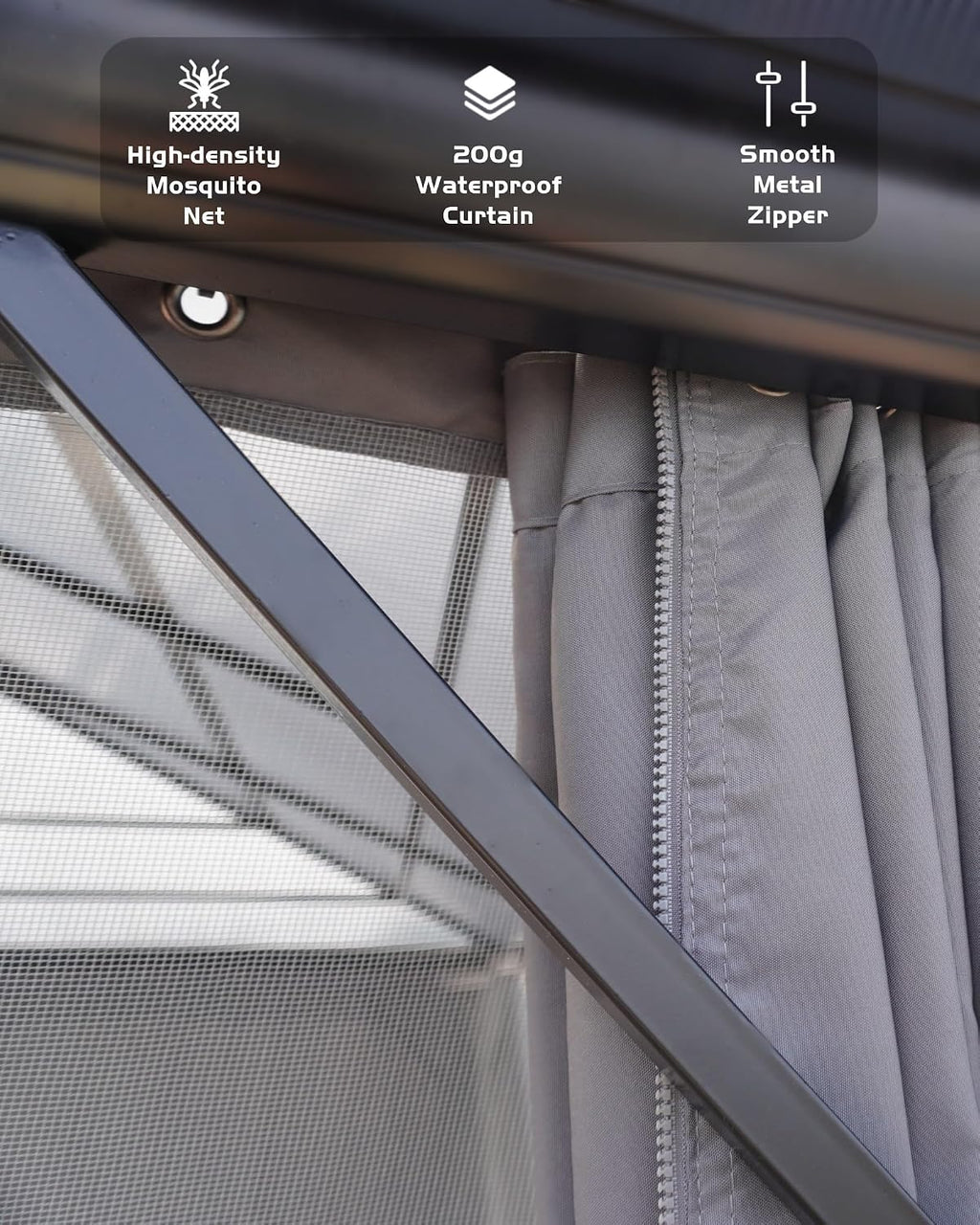 GAOMON Hardtop Gazebo 10'x12', with Double Polycarbonate Roof, Aluminum Alloy Frame, Net, and Curtain, Permanent Building of Backyard Luxury, for Patio, Deck, Backyard, Lawn, and Garden, Gray