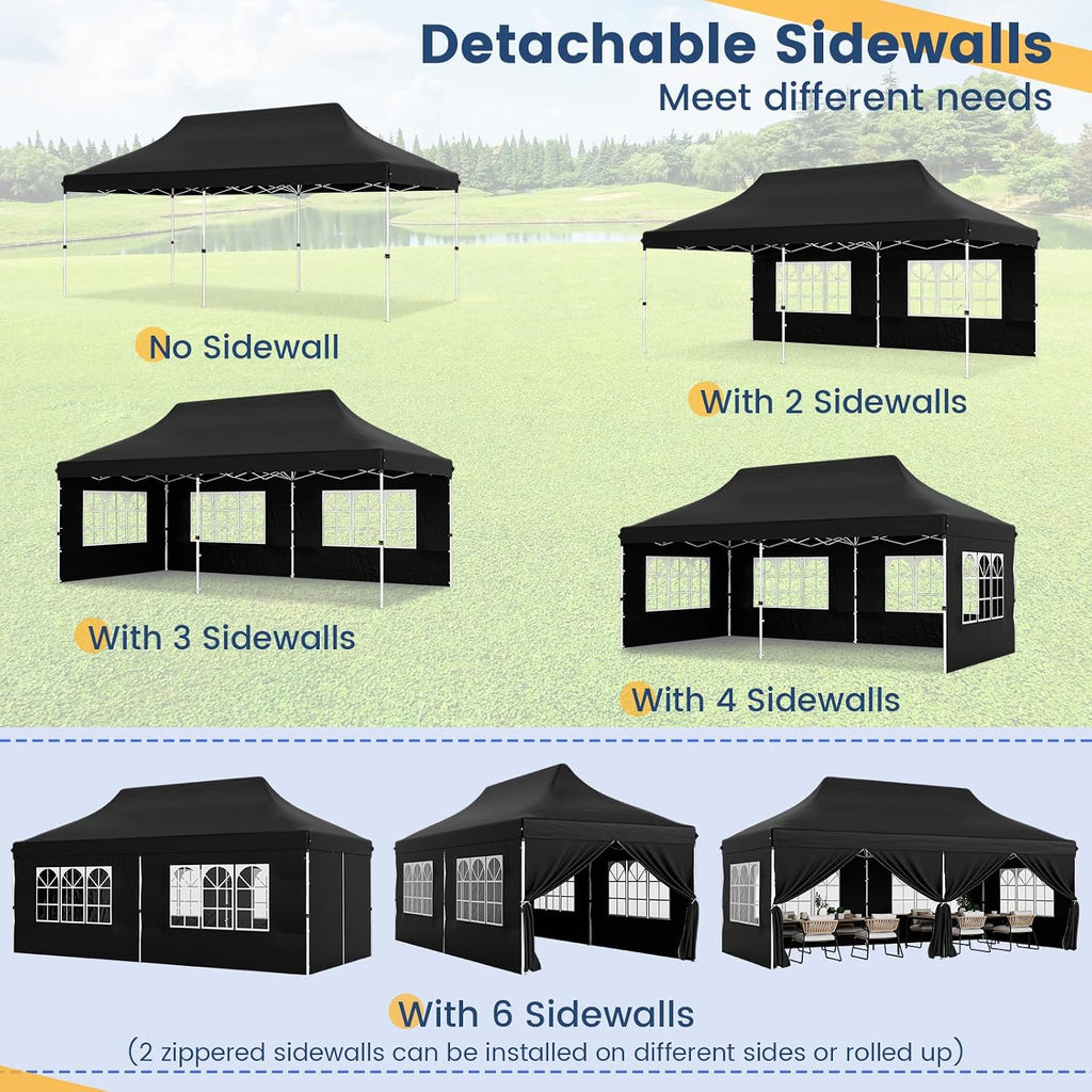 HAPPYGRILL 10x20FT Pop-up Canopy with Detachable Sidewalls, Instant Canopy Tent with Carrying Bag, UPF50+ Sun Protection, Easy Setup Gazebo for Outdoor Party Wedding, Black