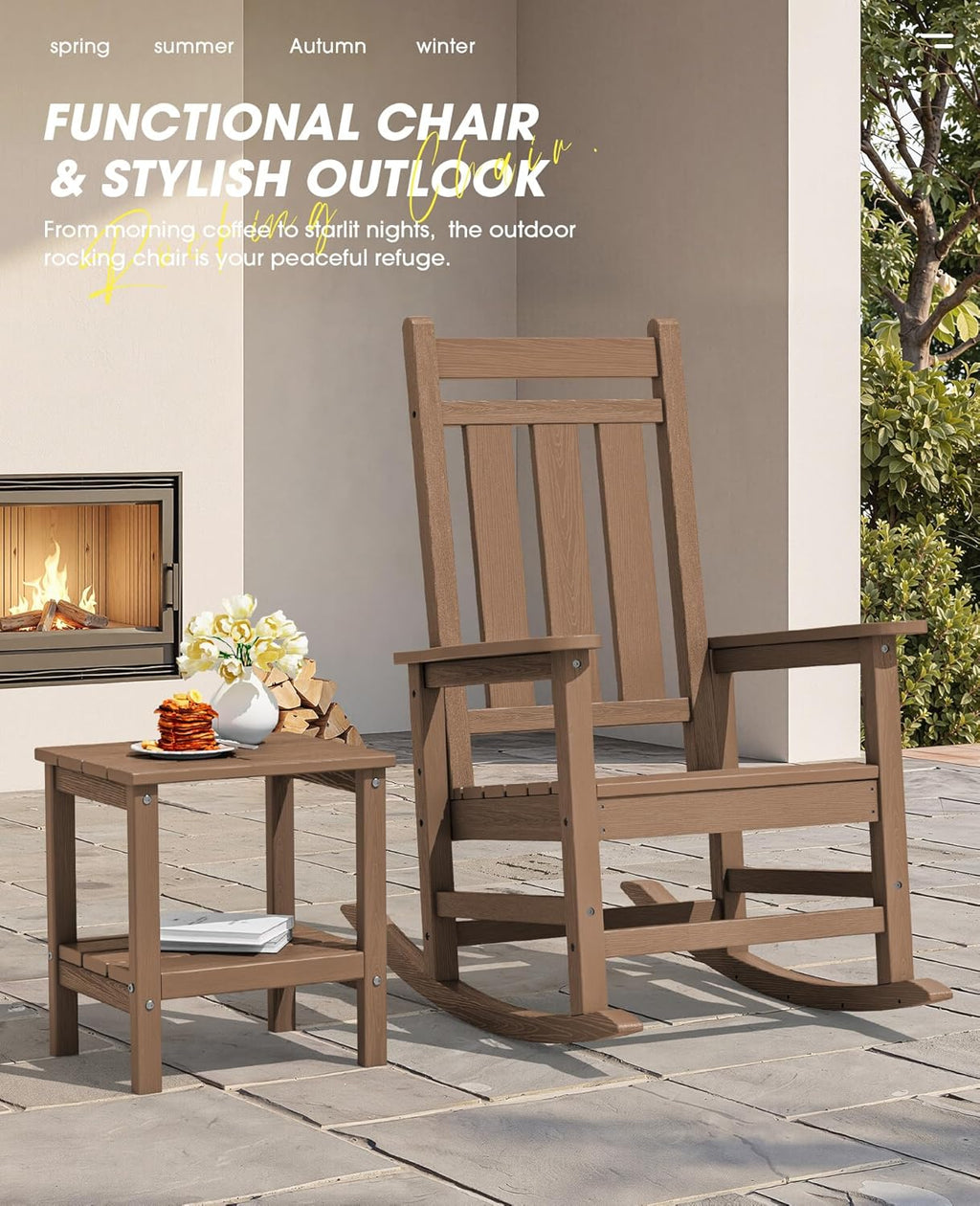 KINGYES Oversized Outdoor Rocking Chair Set of 2, All-Weather Patio Rocking Chairs for Porch, HDPE Outdoor Patio Rockers with High Back & Wide Seat for Garden, Lawn, Brown