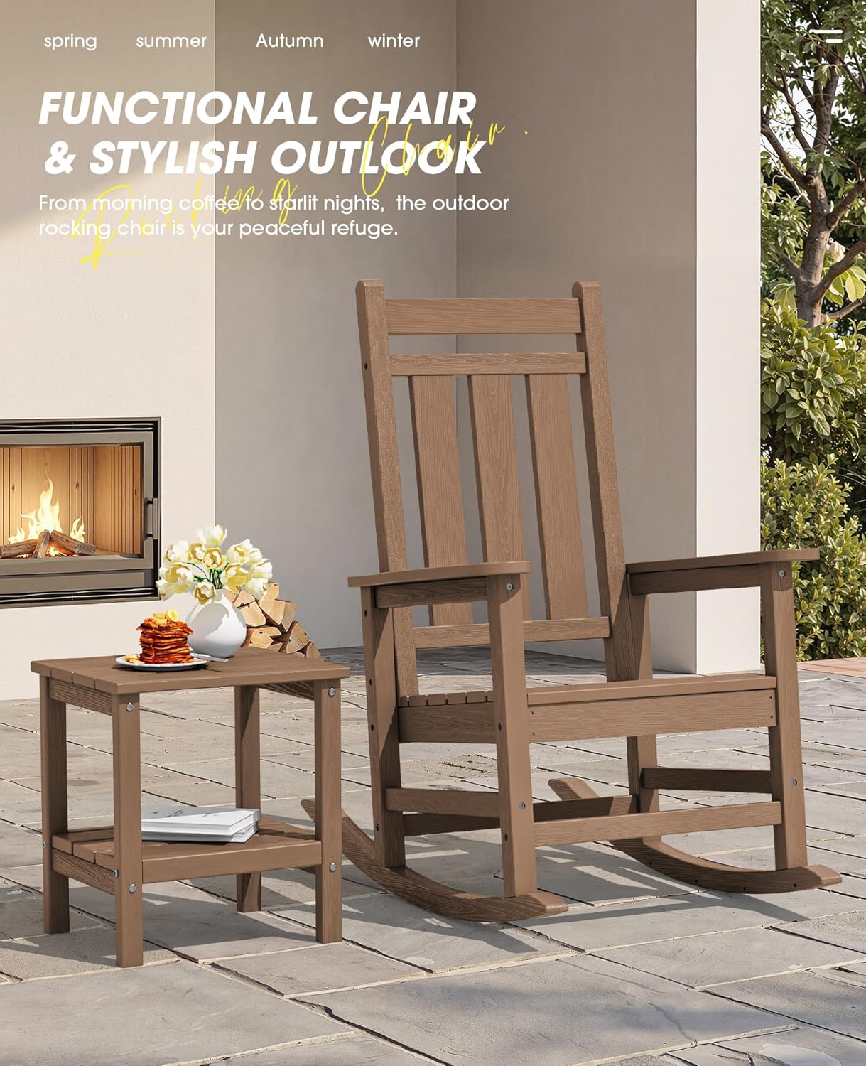 KINGYES Oversized Outdoor Rocking Chair Set of 2, All-Weather Patio Rocking Chairs for Porch, HDPE Outdoor Patio Rockers with High Back & Wide Seat for Garden, Lawn, Brown