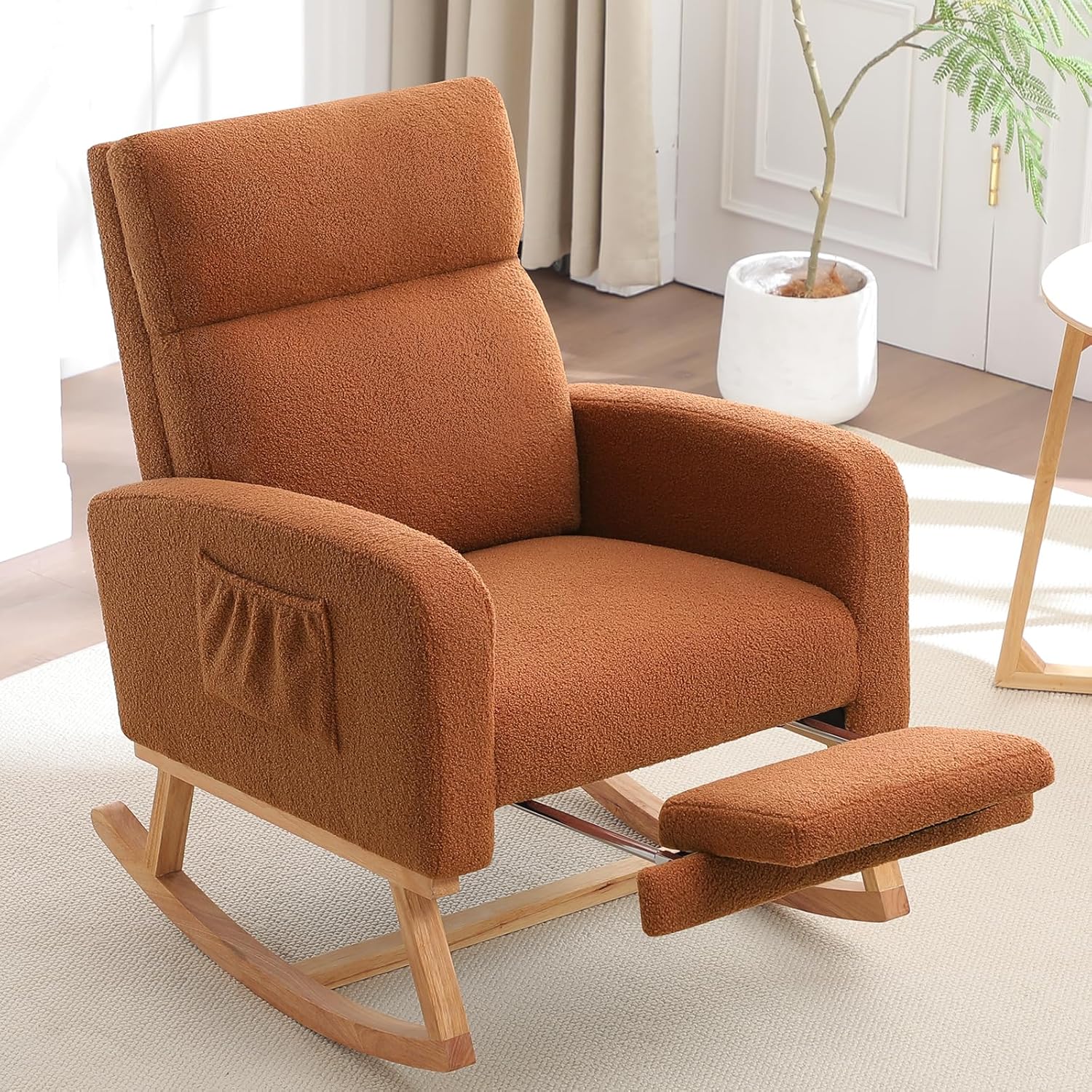 HCHAIRH Rocking Chair Nursery with Foot Rest, Nursing Rocking Chairs for Mom Nursery, Teddy Rocker Glider with High Backrest for Living Room, Bedroom, Brown
