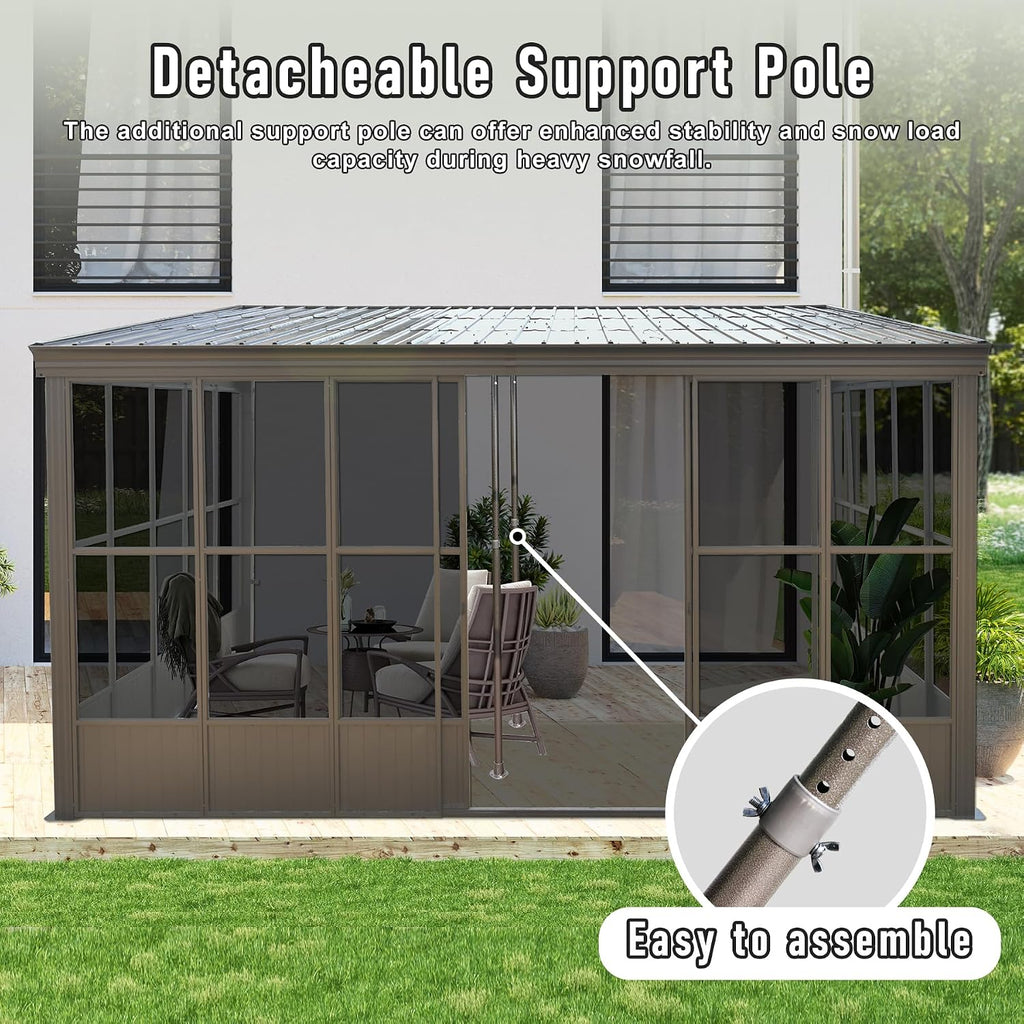Domi 12x16FT Lean-to Sunroom, Wall Mounted Solarium with Galvanized Steel Sloping Roof, Moveable PVC Screen, Front Door&Side Sliding Door, Outdoor Permanent Gazebo Against Wall Sun Room for Patio Deck