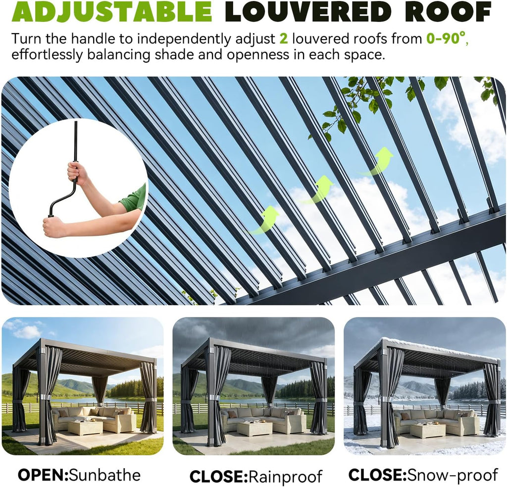 MELLCOM Louvered Pergola 10x12, Outdoor Rustproof Shelter with Adjustable Roof, Steel Aluminum Gazebo with Waterproof Curtains and Netting for Patio Deck, Dark Grey