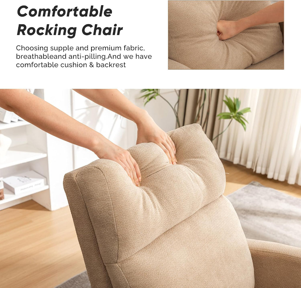 Rocking Chair Nursery, Uplostered Fabric Nursery Rocking Chair, Comfy High Backrest Rocker Nursing Chair for Mom Breastfeeding with Extended Legs for Living Room Bedroom, Khaki