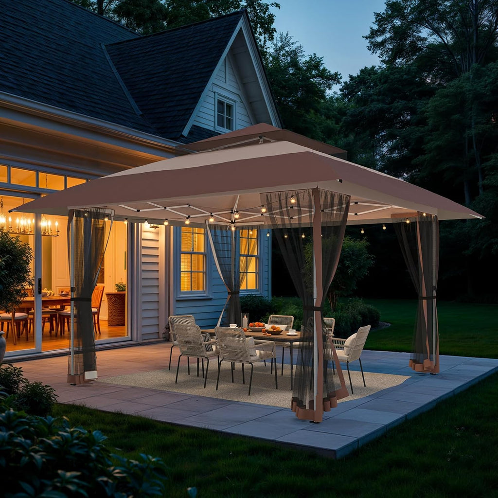 11x11 Pop Up Gazebo Outdoor Canopy Shelter with 4 Sandbags, Instant Patio Gazebo Sun Shade Canopy Tent, Double Tiers & Mesh Netting for Lawn, Garden, Backyard & Deck, Coffee