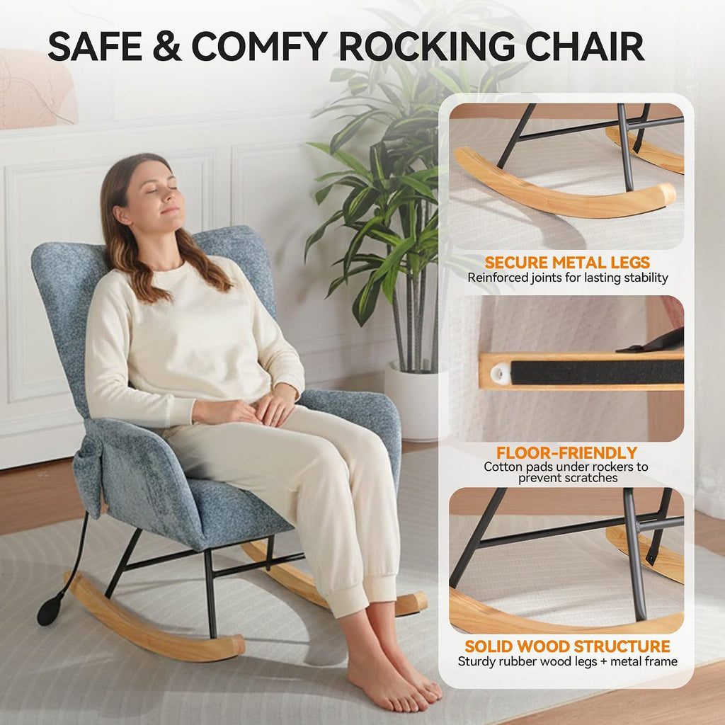 Rocking Chair with Airbag, Comfy Modern Reading & Nursing Nursery Rocking Chair Indoor, Cozy Upholstered Glider Rocker Chairs for Living Room Bedroom Offices, (Chenille, Blue)