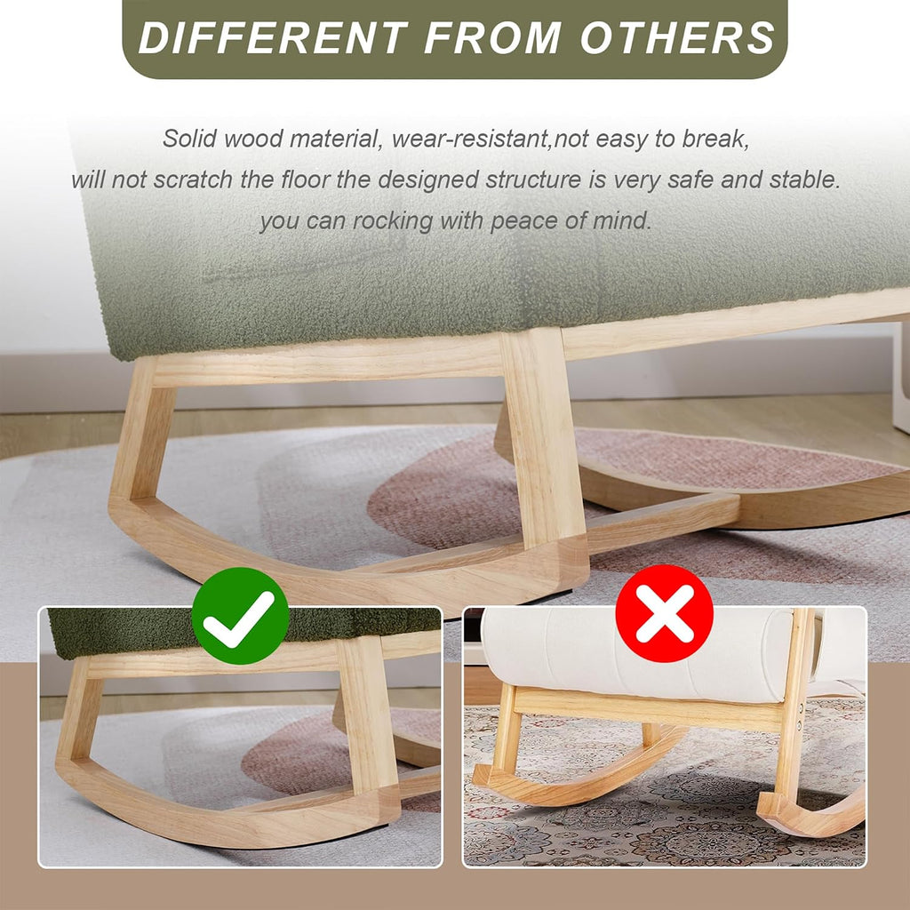 Nursery Rocking Chair with Solid Wood Legs, Glider Chair for Nursery with Side Pocket, Rocker Armchair for Living Room Bedroom (Dark Green, Teddy Fabric)