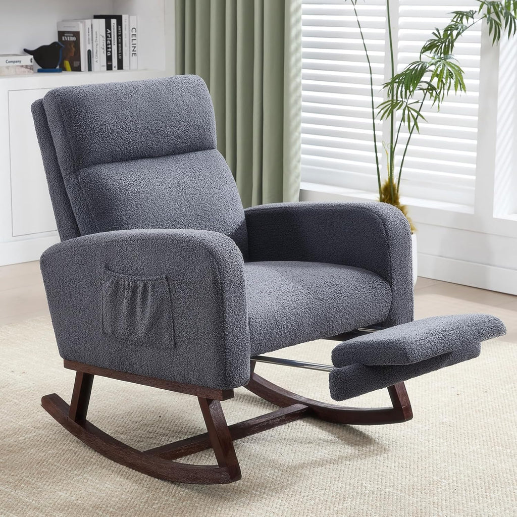 HCHAIRH Rocking Chair Nursery with Foot Rest, Teddy Nursing Rocking Chairs for Mom Breastfeeding, Rocker Glider Chair with High Backrest for Living Room, Bedroom, Blue Grey