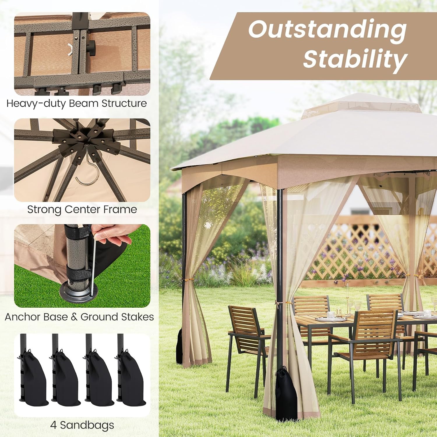 Tangkula 10x12 FT Outdoor Gazebo with Netting, Double Roof Patio Shelter with 4 Sandbags, Zippered Doors, Heavy-Duty Metal Frame, Metal Patio Gazebo for Yard Garden Lawn (Khaki)