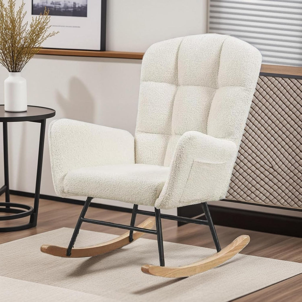 oaaktu Rocking Chair for Nursery, Upholstered Glider with High Backrest, Nursery Rocker Comfortable Stylish Accent Armchair for Living Rooms Bedrooms Offices (Beige Teddy)