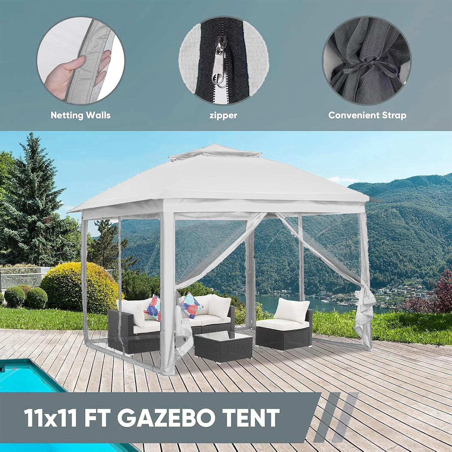11x11 FT Gazebo Tent, Outdoor Tents for Parties with Mosquito Netting, Folding Heavy Duty Height Adjustable Canopy Tent for Patio Backyard Garden (White)