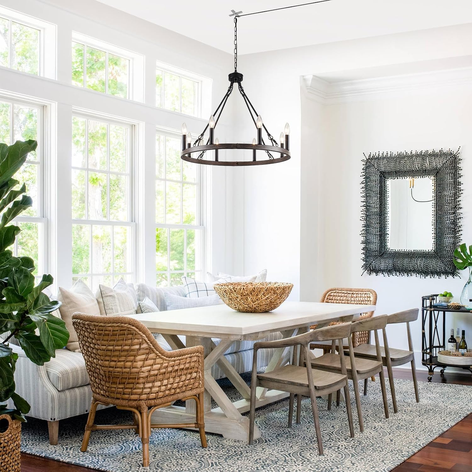ETONIMERR Plug in Chandelier Wagon Wheel, 8 Light 23.6'' Round Farmhouse Hanging Light with Plug in Cord, Dining Room Plug in Pendant Light with Wood Grain Finish,Outdoor Chandelier for Gazebo Porch