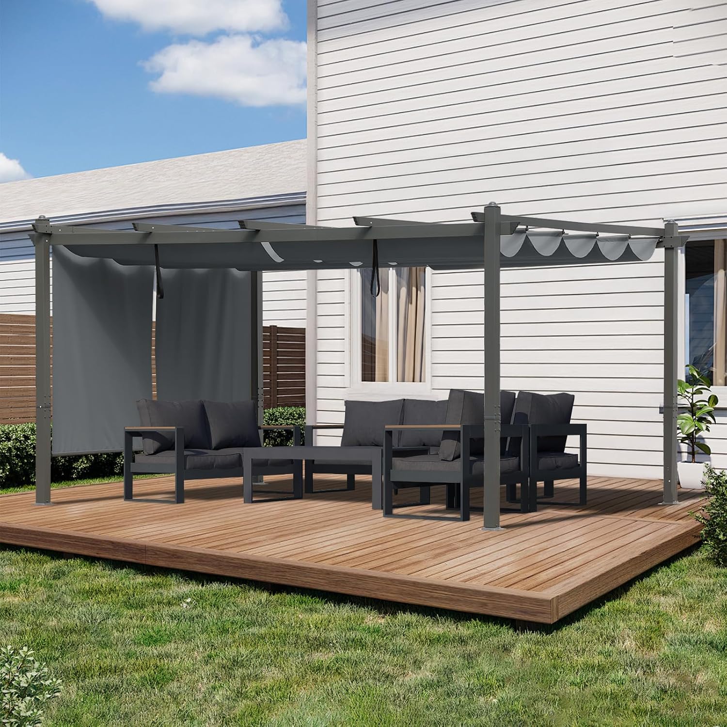 BPS 12x14 FT Outdoor Pergola - Retractable Shade Canopy with Aluminum Frame & Roller Shade Curtains for Patio, Backyard, or Deck, Gray