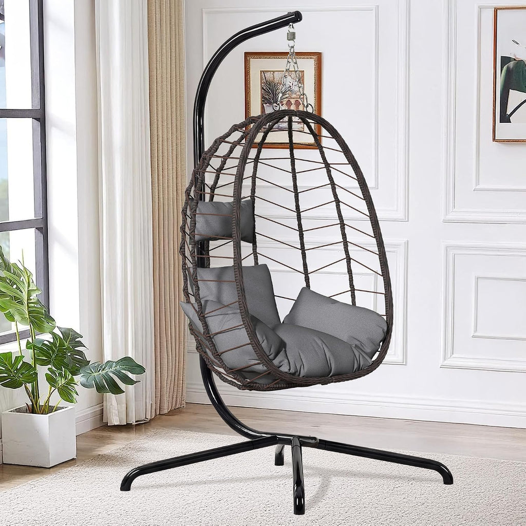 LEX CRAFT Hanging Egg Chair with Stand, Swinging Egg Chair Outdoor Indoor, Hanging Basket Chair with Cushion, Patio Wicker Hammock Chair 350lbs Capacity for Porch, Balcony, Backyard, Garden (Grey)