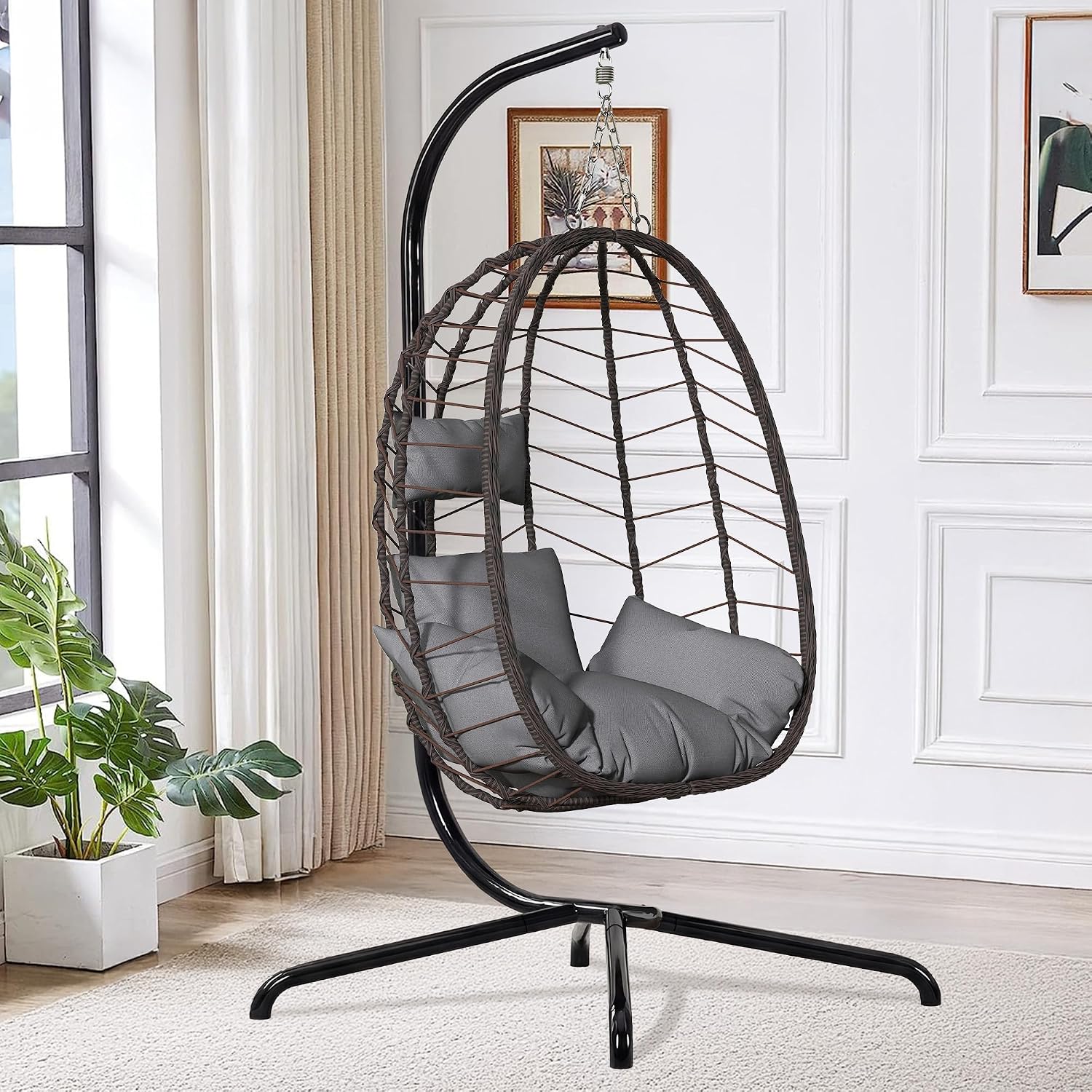 LEX CRAFT Hanging Egg Chair with Stand, Swinging Egg Chair Outdoor Indoor, Hanging Basket Chair with Cushion, Patio Wicker Hammock Chair 350lbs Capacity for Porch, Balcony, Backyard, Garden (Grey)