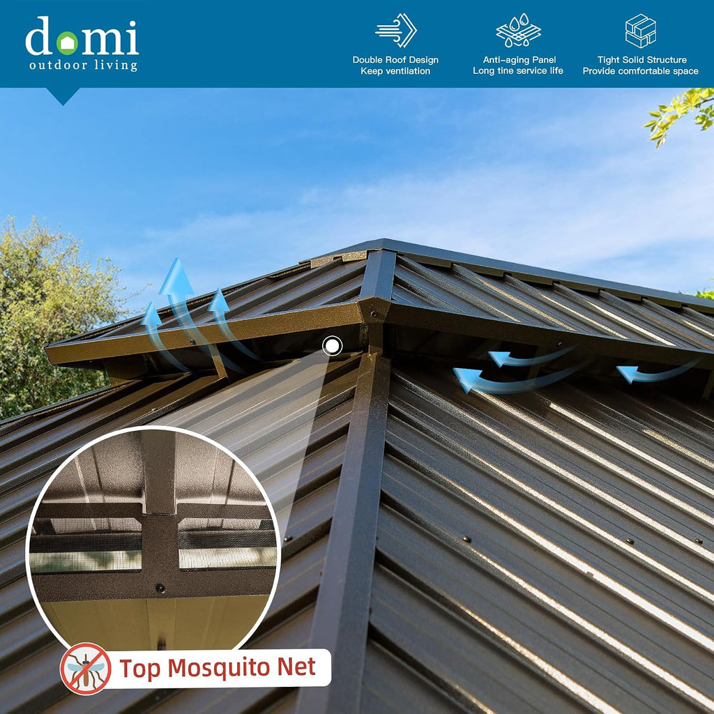 Domi Hardtop Gazebo 12x14FT, Outdoor Gazebo with Galvanized Steel Double Roof, Aluminum Frame, Built-in Gutter System, Curtain and Netting, Metal Gazebo Pavilion for Patio Deck Garden, Wood-Looking