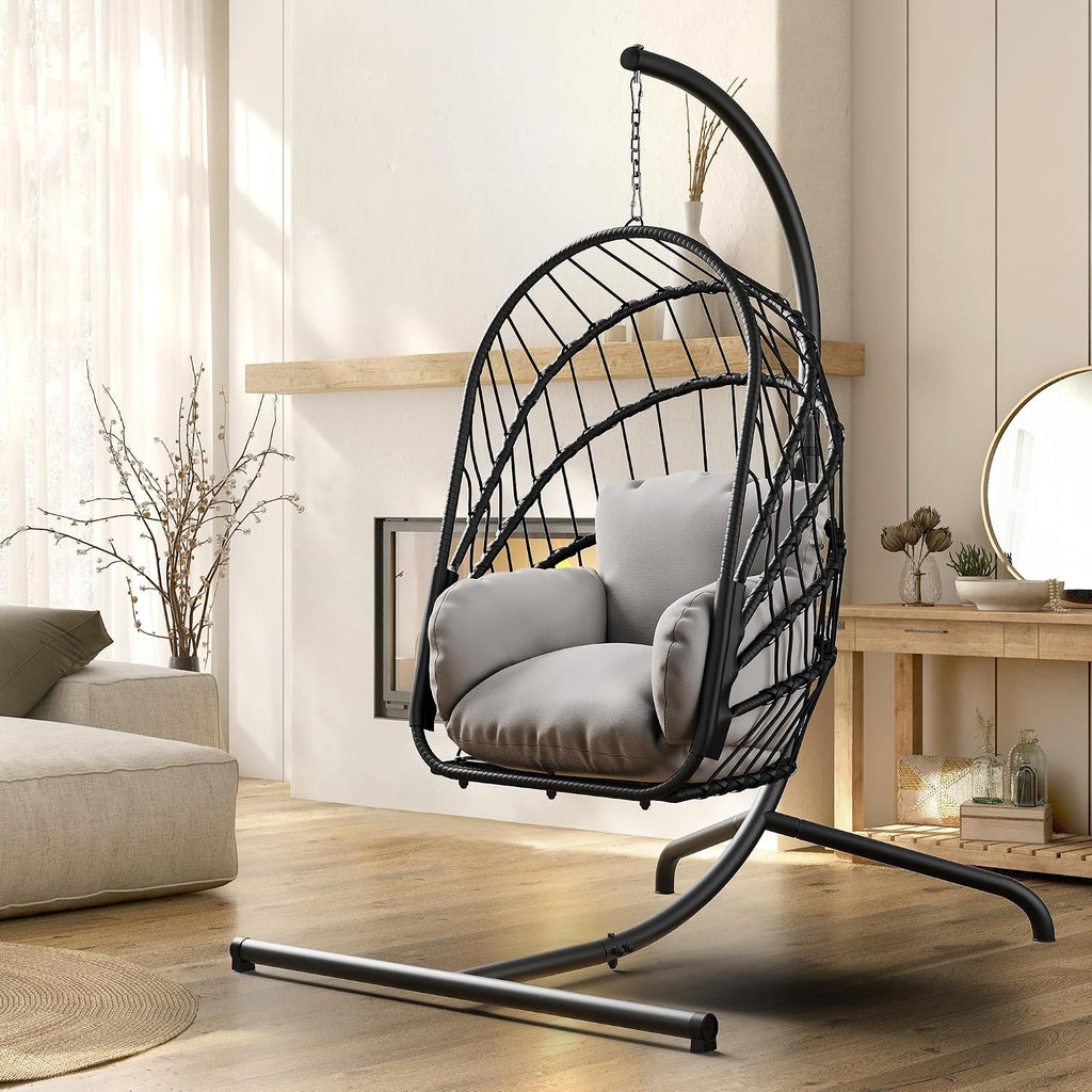 YITAHOME Hanging Egg Chair with Stand, Rattan Wicker Swing Egg Chair with Resistant Cushion, 370lbs Capacity, Foldable Hanging Basket Chair for Porch, Garden, Bedroom, Balcony - Grey