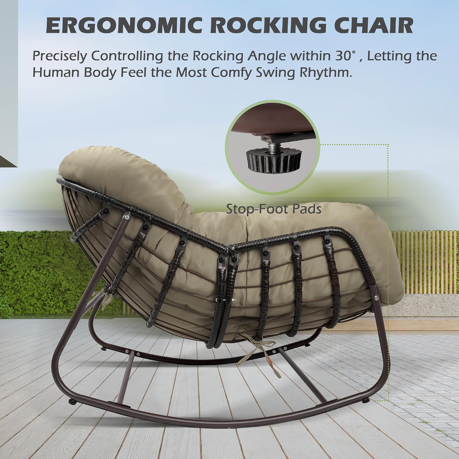 Papasan Rocking Chair, Oversized Papasan Chair with Cushion and Frame for Indoor& Outdoor, Deep Seat Egg-Shaped Rocker Chair for Garden, Deck, Living Room, Beige