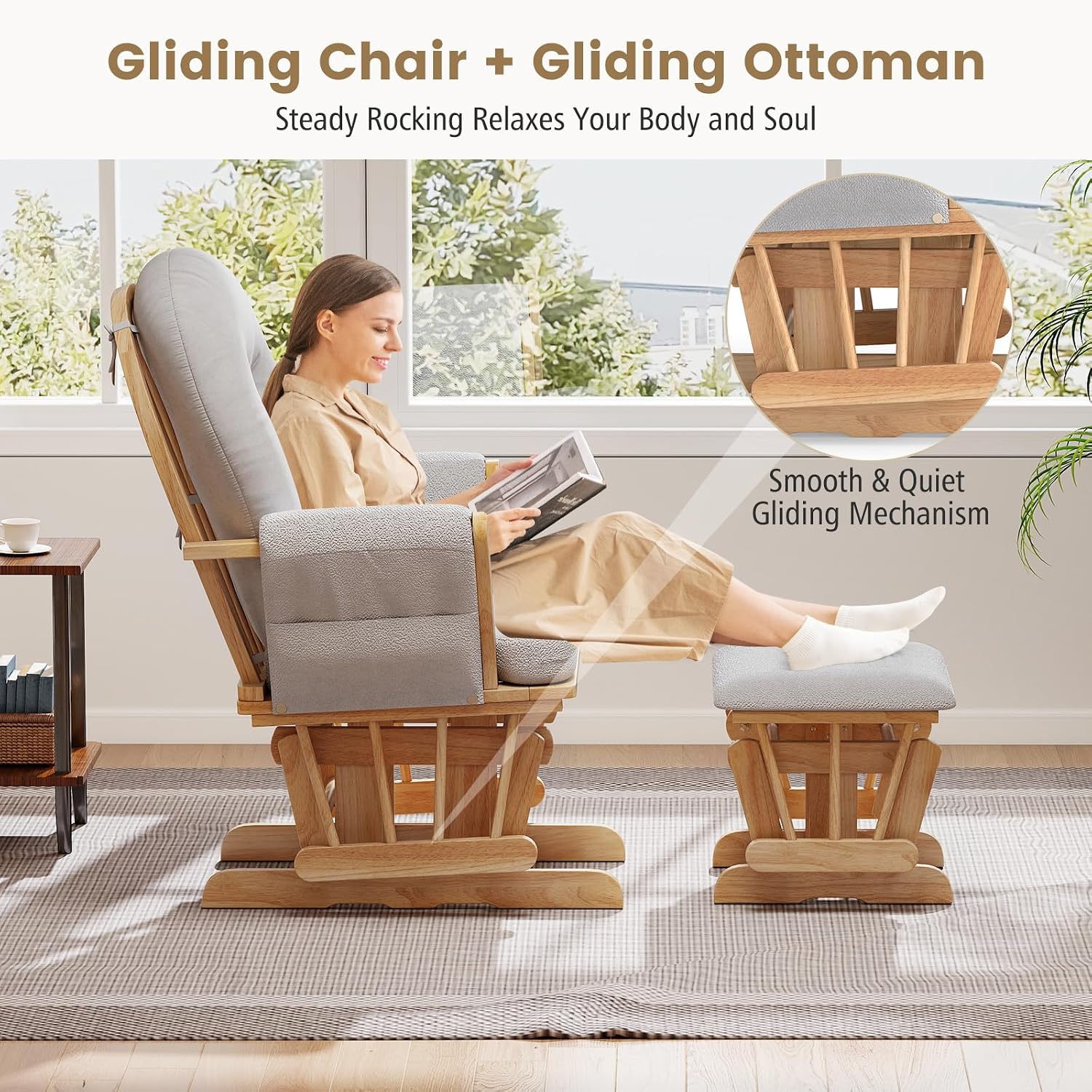 Costzon Nursery Glider with Ottoman, Upholstered Comfort Glider Rocker with Padded Cushion, Storage Pocket, Solid Wood Base, Rocking Chair Nursery for Breastfeeding, Napping (Natural)