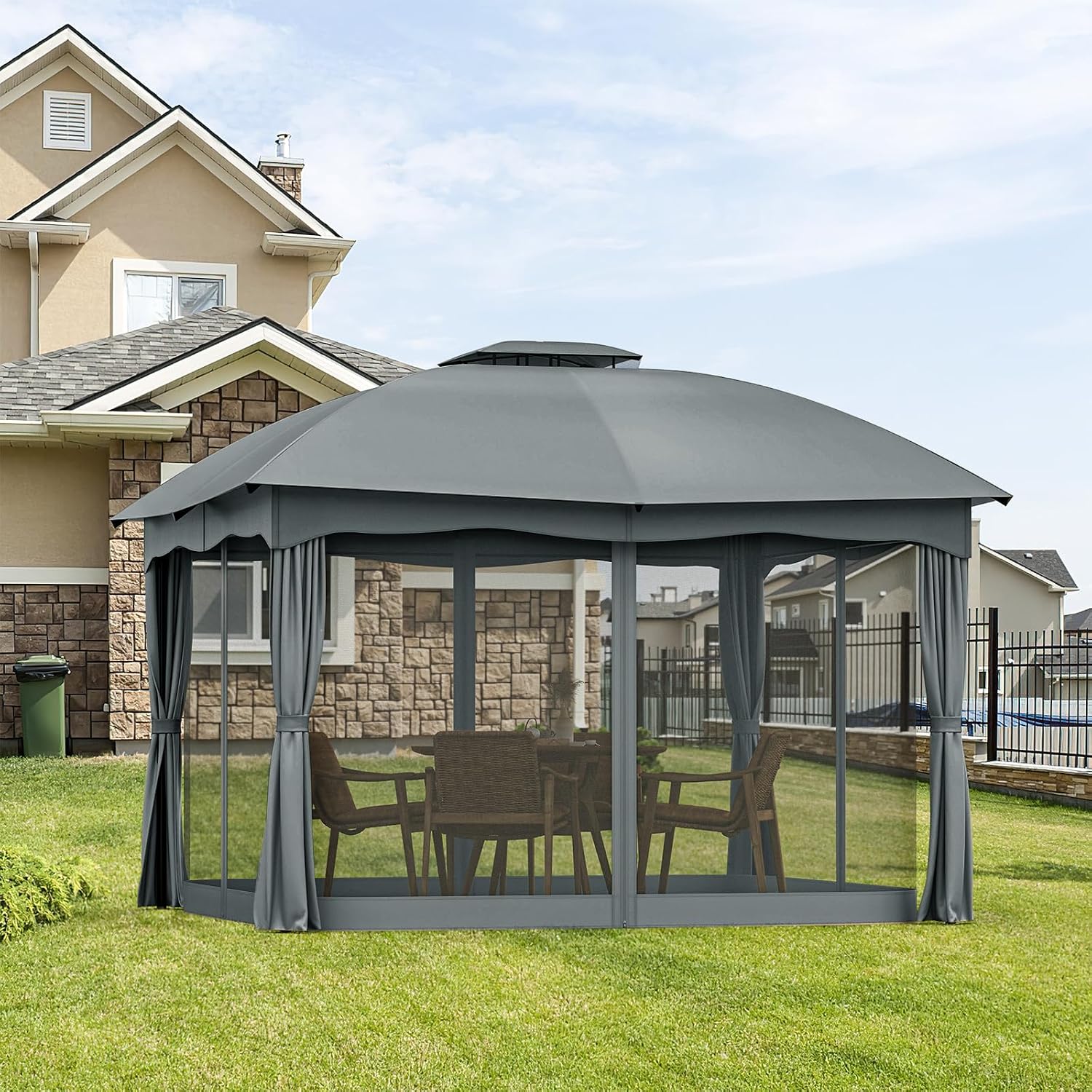 Tangkula 12x10 Ft Patio Gazebo, Double Vented Gazebo with Zippered Privacy Curtains, Mesh Screen Netting, Outdoor Steel Gazebo for Deck, Garden, Yard, Poolside (Grey)