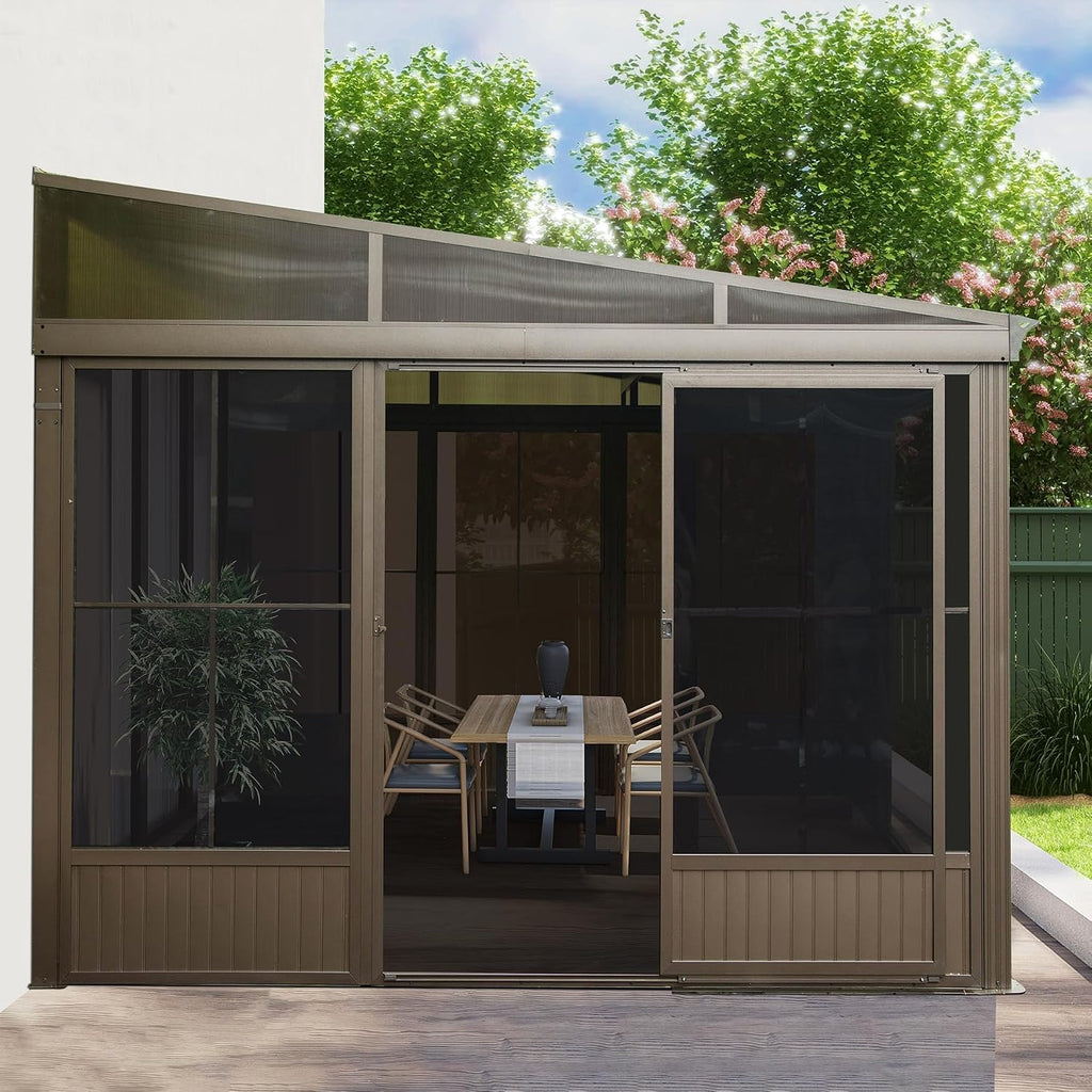 Domi Lean-to Sunroom 10x12FT, Wall Mounted Solarium with Galvanized Steel Sloping Roof, Moveable PVC Screen, Front Door&Side Sliding Door, Aluminum Gazebo Against Wall Sun Room for Patio Deck