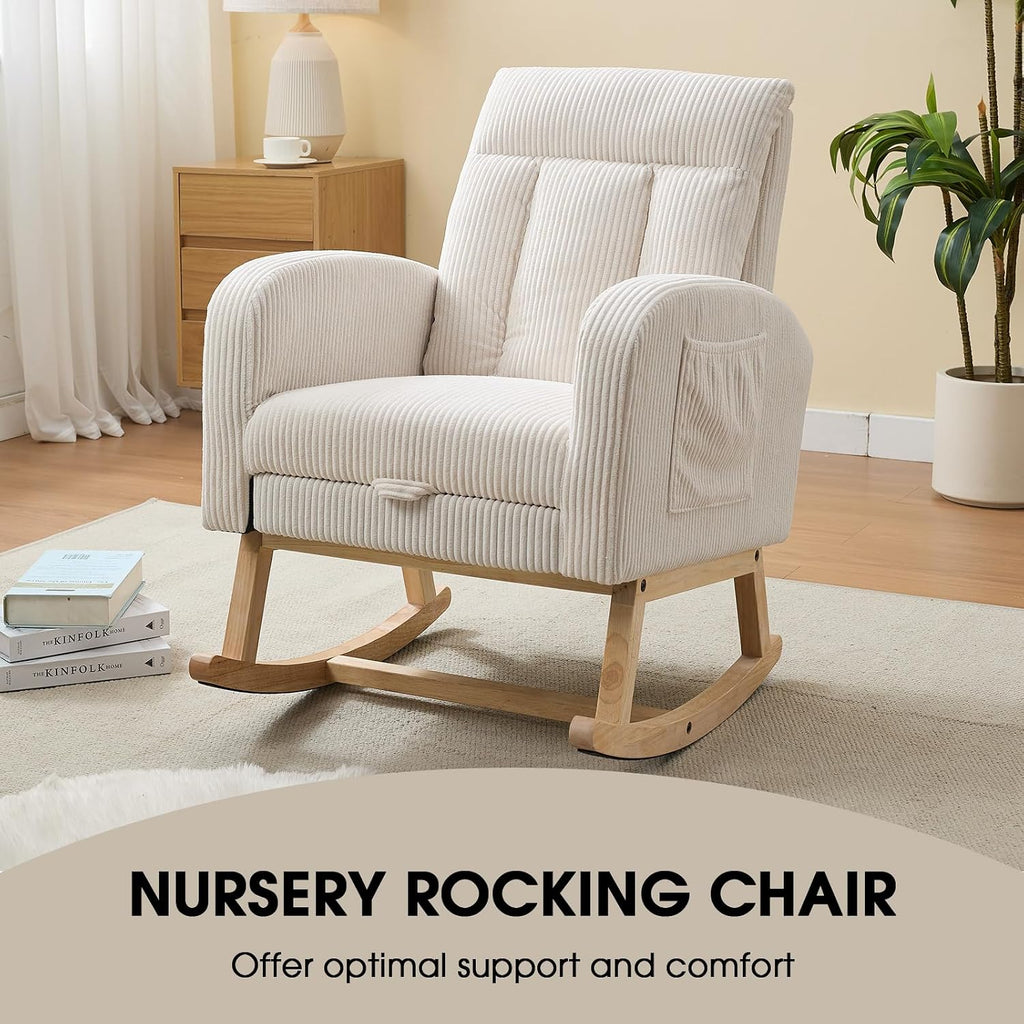 NIOIIKIT Nursery Rocking Chair, Corduroy Upholstered Rocking Chair with Adjustable Footrest, Tufted Rocker Chair with Side Pocket, Glider Rocker for Living Room (Cream Casual)
