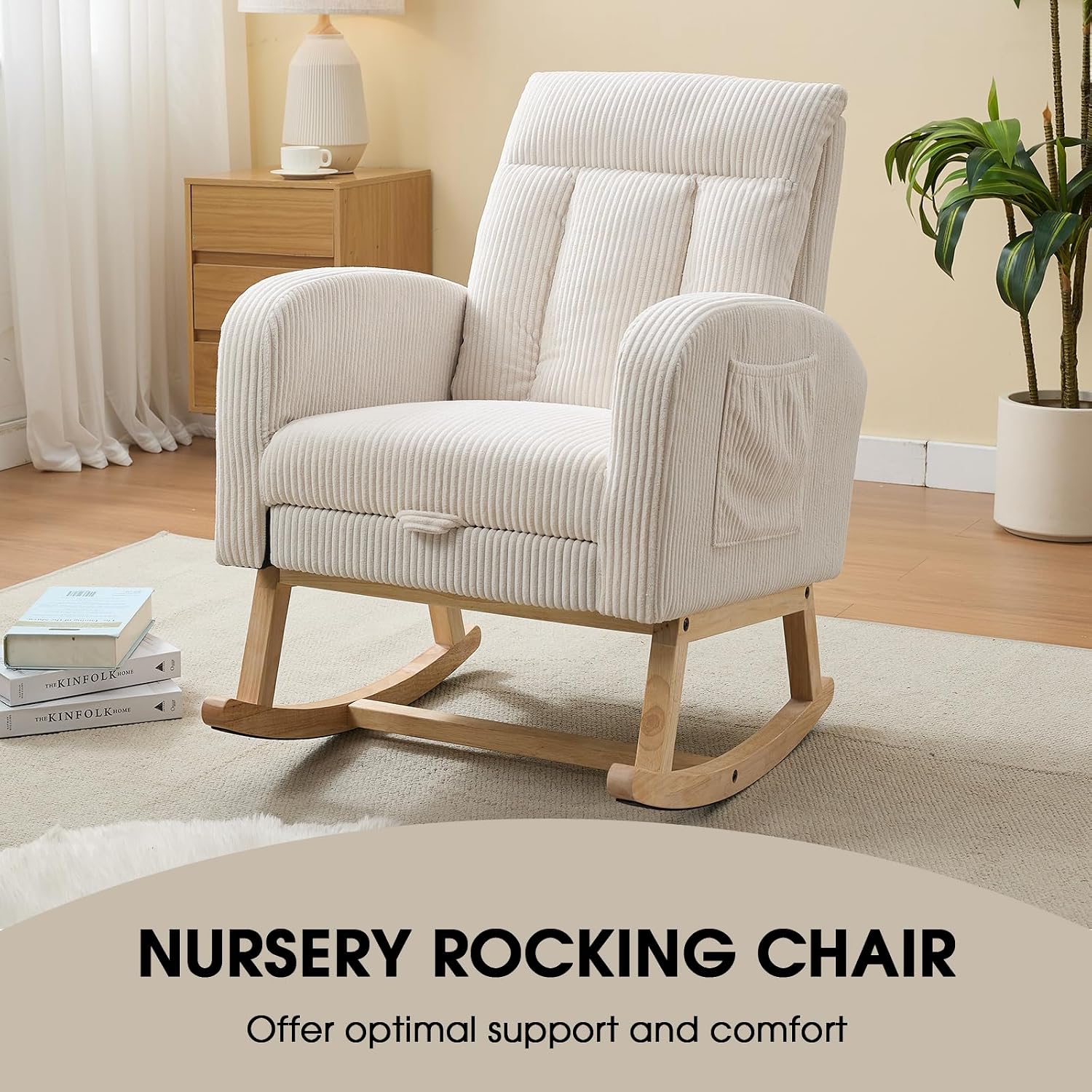 NIOIIKIT Nursery Rocking Chair, Corduroy Upholstered Rocking Chair with Adjustable Footrest, Tufted Rocker Chair with Side Pocket, Glider Rocker for Living Room (Cream Casual)