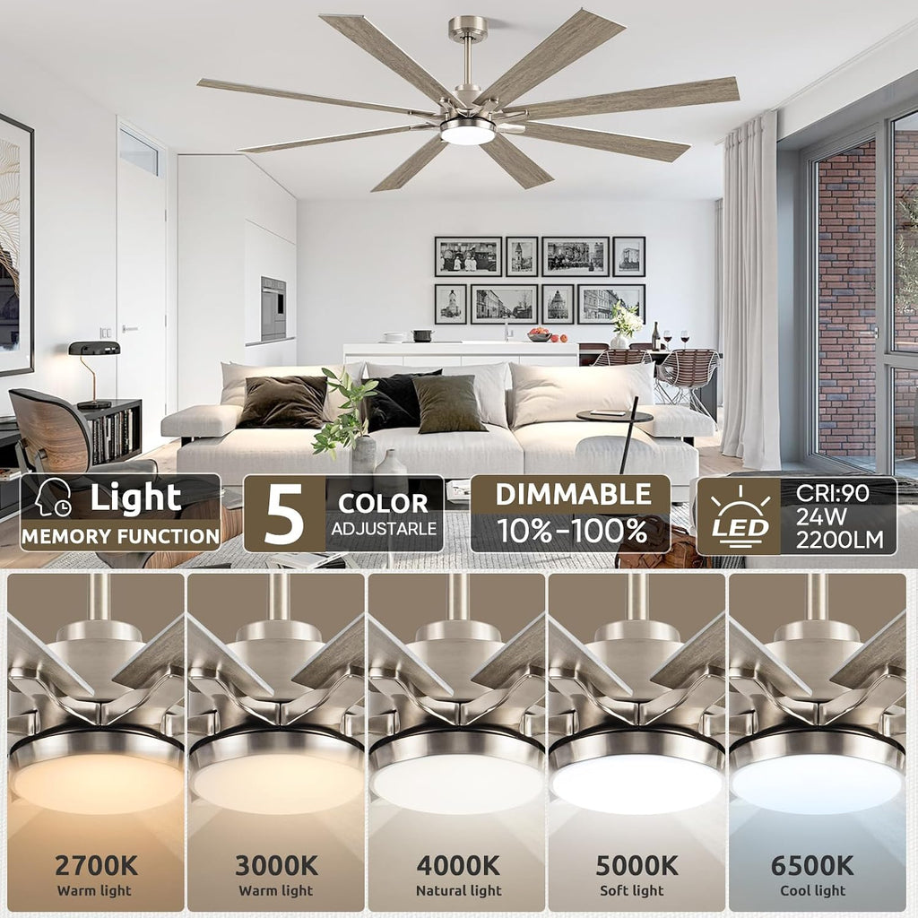 72 Inch Outdoor Ceiling Fan for Patio with Lights, Large Silver Industrial DC Motor Ceiling Fan with Light, Damp Rated Indoor or Covered Outdoor Ceiling Fans for Living Room Sunroom Porch Patio