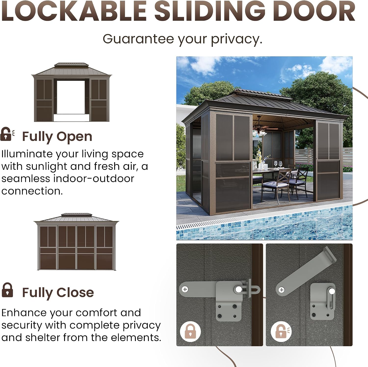 EROMMY 10x12 Sunroom Gazebo, Fully Enclosed Outdoor Sunroom with Lockable Sliding Doors, Galvanized Steel Double Roof Hardtop Gazebo, Aluminum Frame Patio Solarium for Backyard