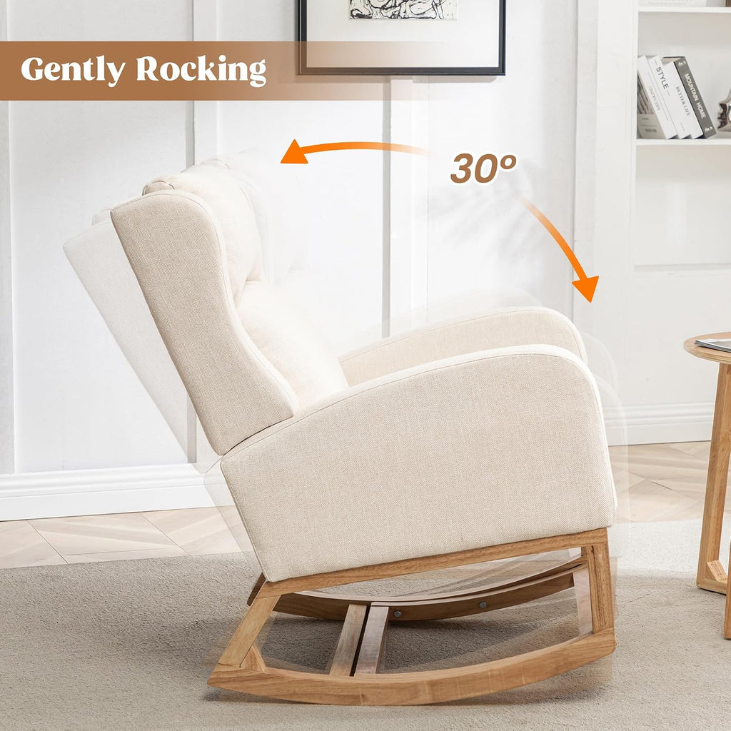 HCHAIRH Rocking Chair Nursery, Nursing Rocking Chairs for Mom Nursery, Comfy Wingback Glider Rocking Armchair with Foot Rest and Side Pocket for Nursery Living Room Bedroom, Beige