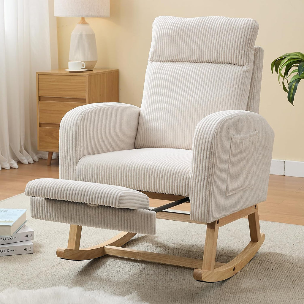 NIOIIKIT Nursery Rocking Chair, Corduroy Upholstered Rocking Chair with Adjustable Footrest, Tufted Rocker Chair with Side Pocket, Glider Rocker for Living Room (White Modern)