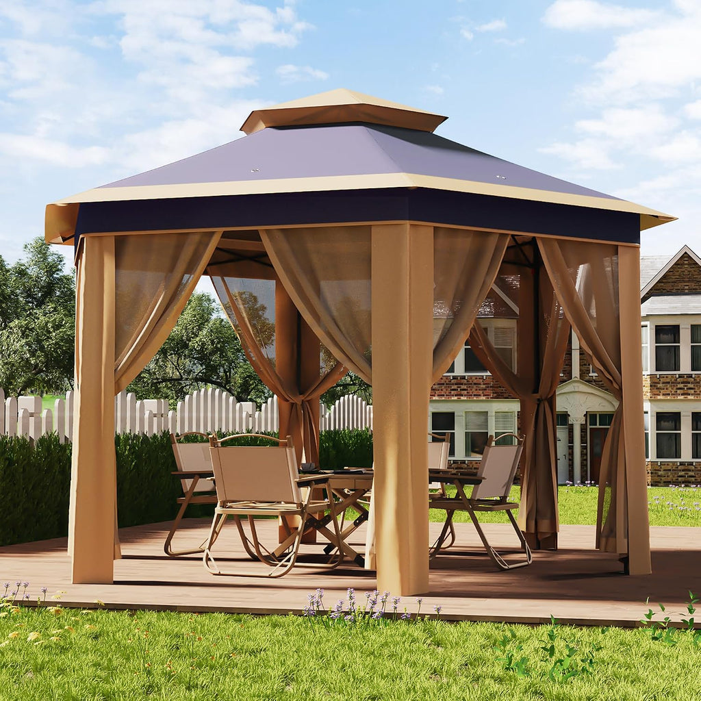 13x13 Pop Up Gazebo Outdoor Hexagonal Canopy Tent with Mosquito Netting Sides Instant Patio Canopy Shelter, Rain & UV Resistant PA Coated Fabric, for Patios, Garden, Parties, Lawns Backya