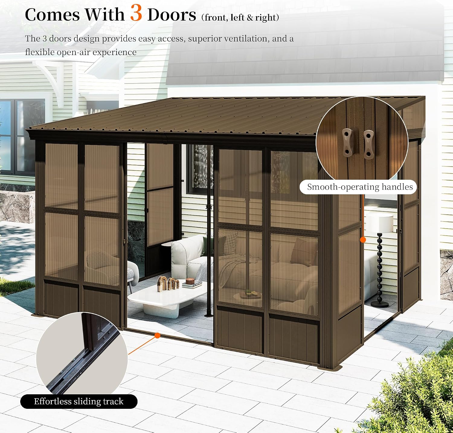 Domi 10x12FT Sunroom, Wall Mounted Sunroom Kit with Galvanized Steel Sloping Roof, Outdoor Sunroom Gazebo with Detachable PC Screen, 3 Sliding Double Doors, Lean to Sun Room for Patio, Deck