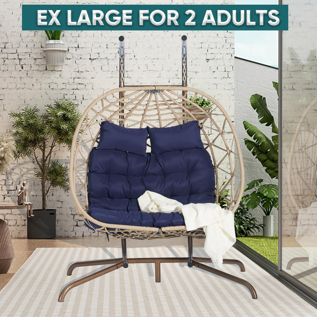 JOYBASE Double Swing Egg Chair with Stand, 2-Person Hanging Egg Chair Wicker Rattan Oversized Swinging Chair for Outdoor Indoor Garden Patio (Dark Blue Cushion and Beige Rattan)