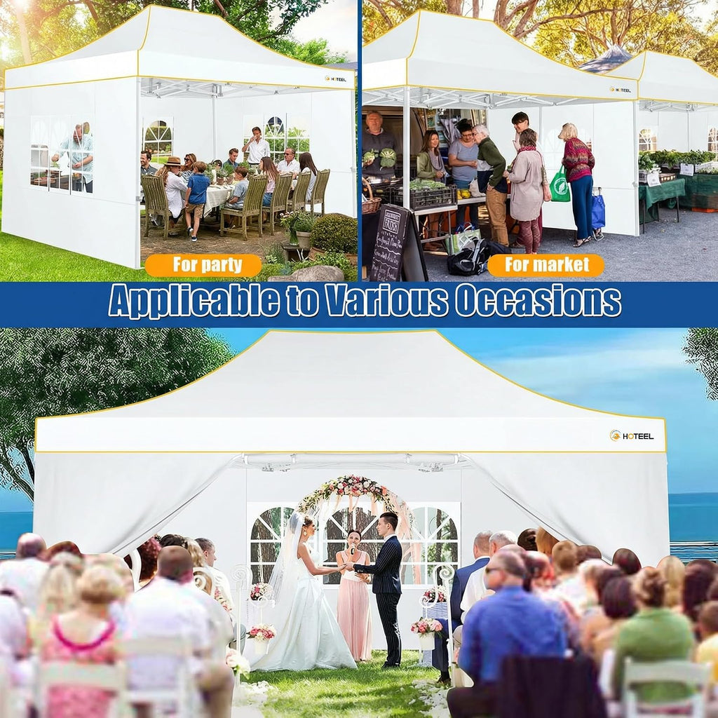 HOTEEL 10x15 Heavy Duty Pop up Canopy Tent for Parties with 4 Sidewalls, Easy Setup Outdoor Commercial Instant Gazebo for Wedding Event, with Roller Bag & Sand Bags, White(Hexagonal Frame)