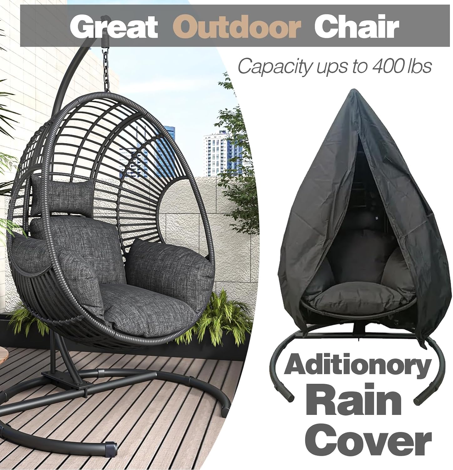 Oversized Hanging Egg Chair with Stand Outdoor Wicker Swing Chair Comfy Hammock Egg Shaped Chair 400lbs Capacity for Patio, Garden and Balcony