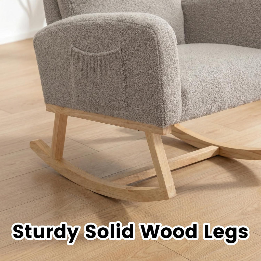 Rocking Chair Nursery, Nursery Rocker Chairs for Mom with High Backrest and Solid Wood Legs, Teddy Modern Glider Chairs for Nursing Living Room Bedroom, Light Grey